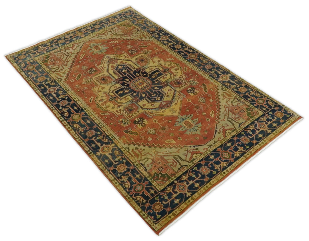 6x9 and 9x12 Red and Blue Antique Persian Heriz Serapi Hand knotted wool Area Rug | TRD752 - The Rug Decor
