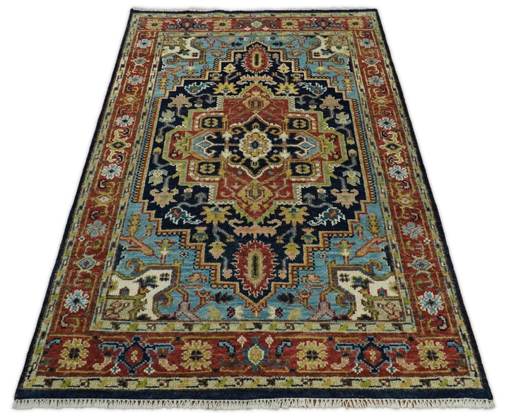 6x9 Blue and Rust Hand Knotted Wool Antique Vintage Persian Area Rug | TRDCP19269 - The Rug Decor