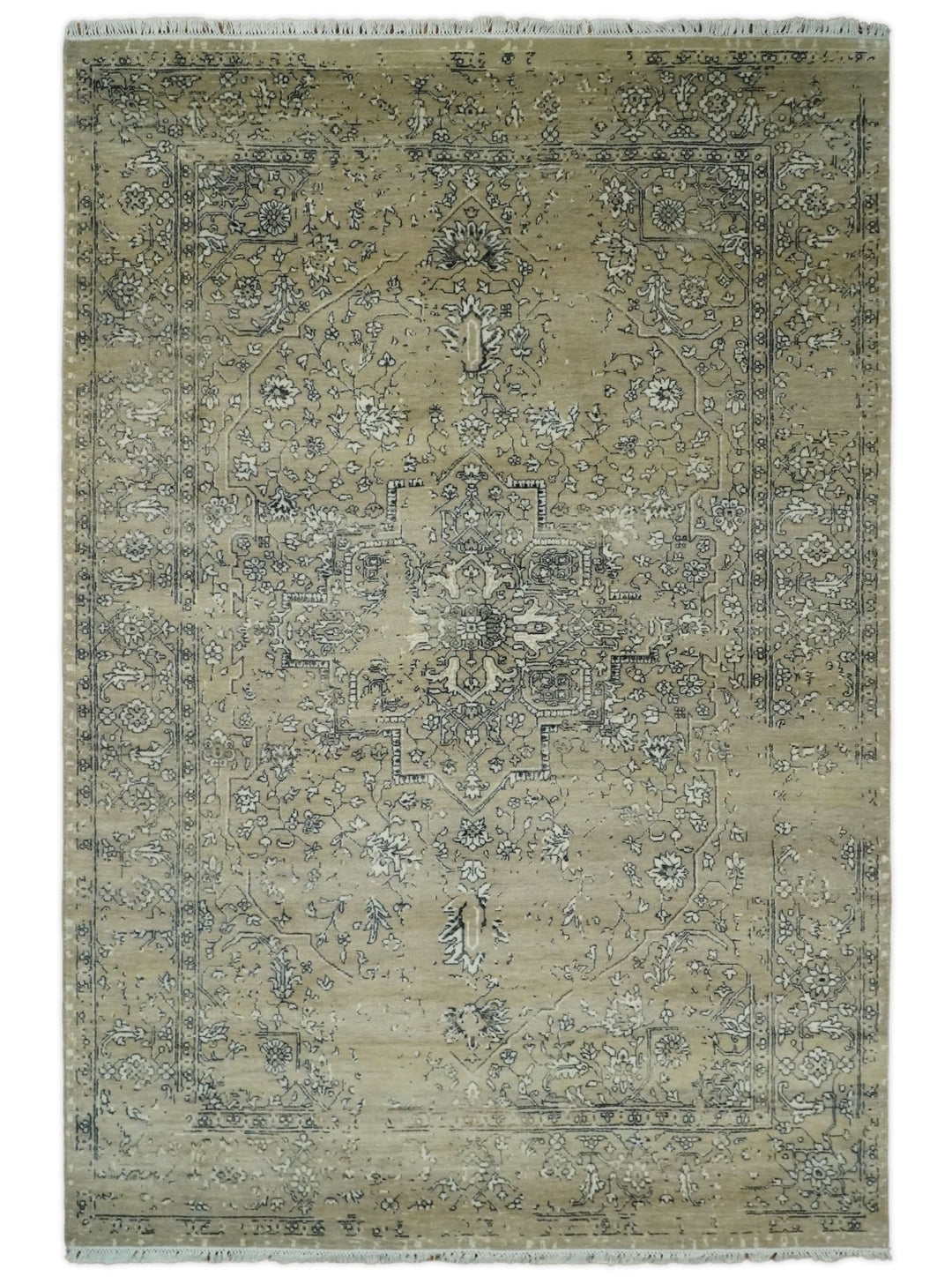 6x9 Fine Hand Knotted Beige and Black Traditional Vintage Persian Style Antique Wool Rug | AGR4 - The Rug Decor