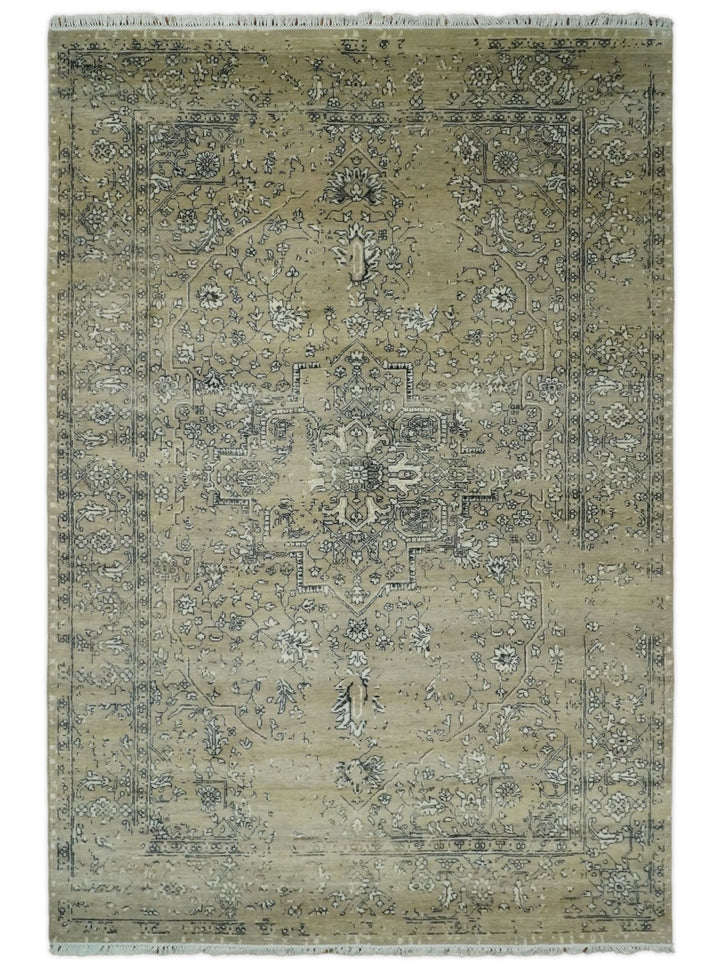 6x9 Fine Hand Knotted Beige and Black Traditional Vintage Persian Style Antique Wool Rug | AGR4 - The Rug Decor