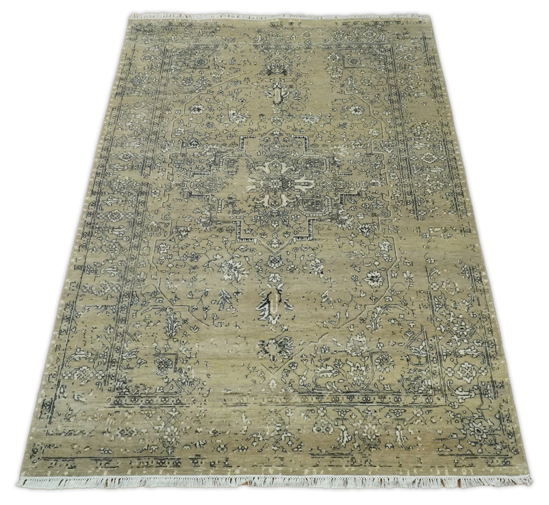 6x9 Fine Hand Knotted Beige and Black Traditional Vintage Persian Style Antique Wool Rug | AGR4 - The Rug Decor
