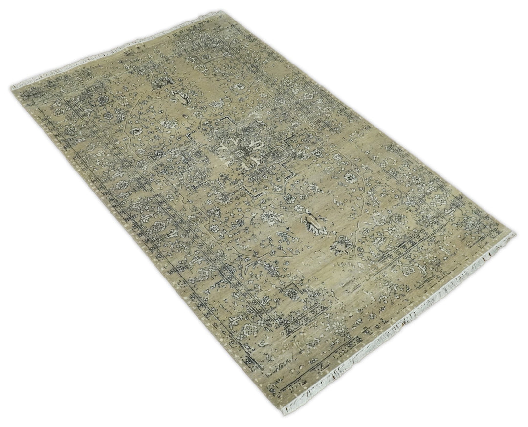 6x9 Fine Hand Knotted Beige and Black Traditional Vintage Persian Style Antique Wool Rug | AGR4 - The Rug Decor
