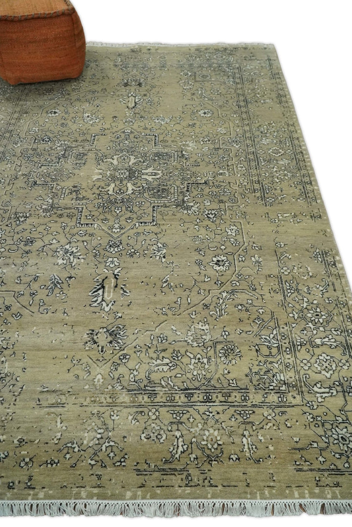 6x9 Fine Hand Knotted Beige and Black Traditional Vintage Persian Style Antique Wool Rug | AGR4 - The Rug Decor