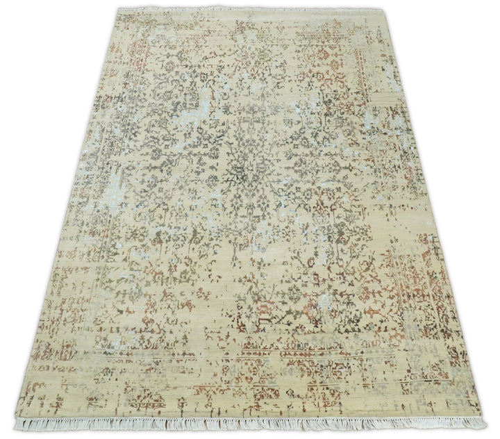 6x9 Fine Hand Knotted Beige and Rust Traditional Vintage Persian Style Antique Wool and Silk Rug | AGR2 - The Rug Decor