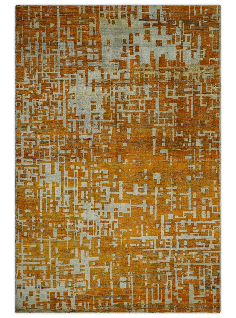6x9 Gold, Ivory and rust Modern Abstract Recycled Silk Area Rug - The Rug Decor