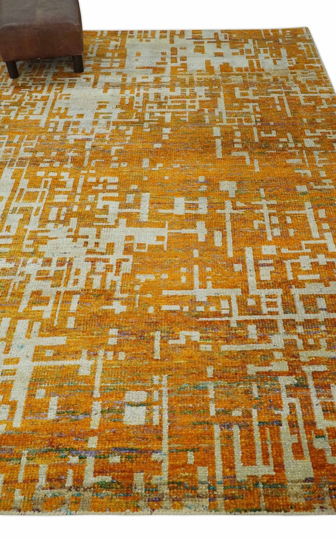 6x9 Gold, Ivory and rust Modern Abstract Recycled Silk Area Rug - The Rug Decor