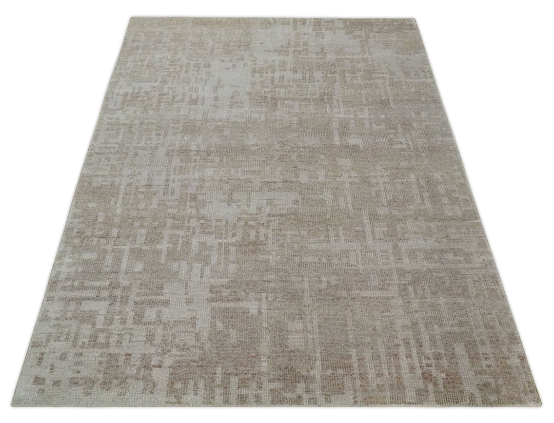 6x9 Hand Knotted Beige and Ivory Modern Abstract Contemporary Recycled wool Area Rug - The Rug Decor