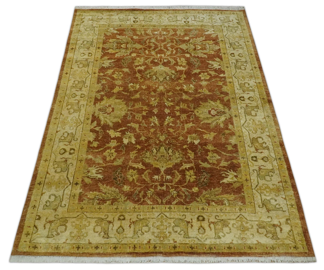 6x9 Hand Knotted Beige and Rust Traditional Oushak Wool Area Rug - The Rug Decor