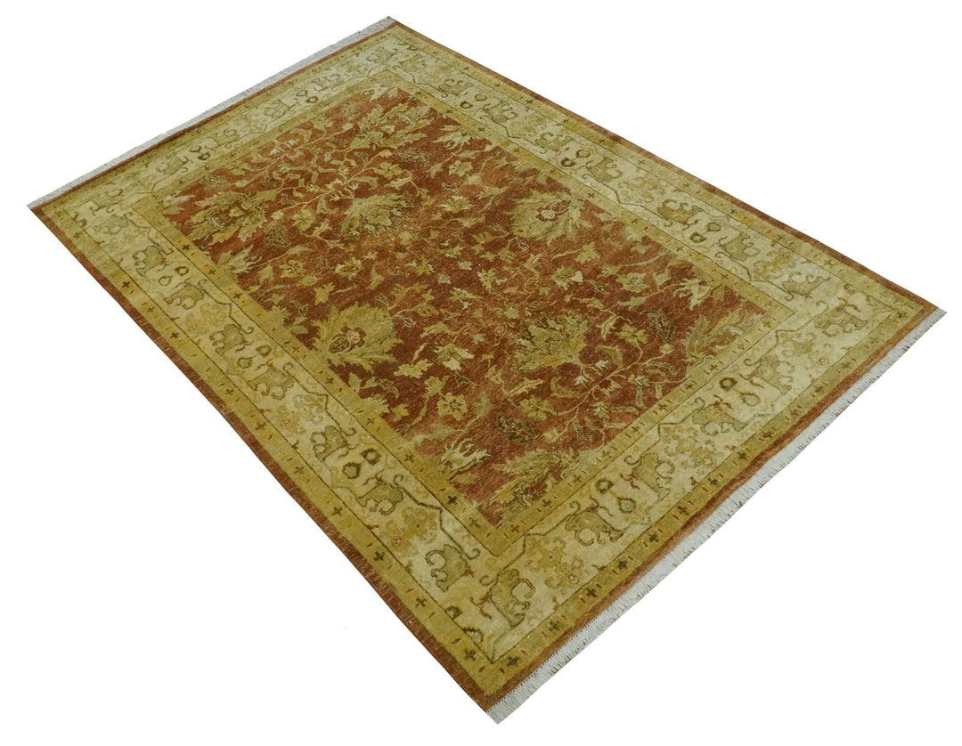 6x9 Hand Knotted Beige and Rust Traditional Oushak Wool Area Rug - The Rug Decor