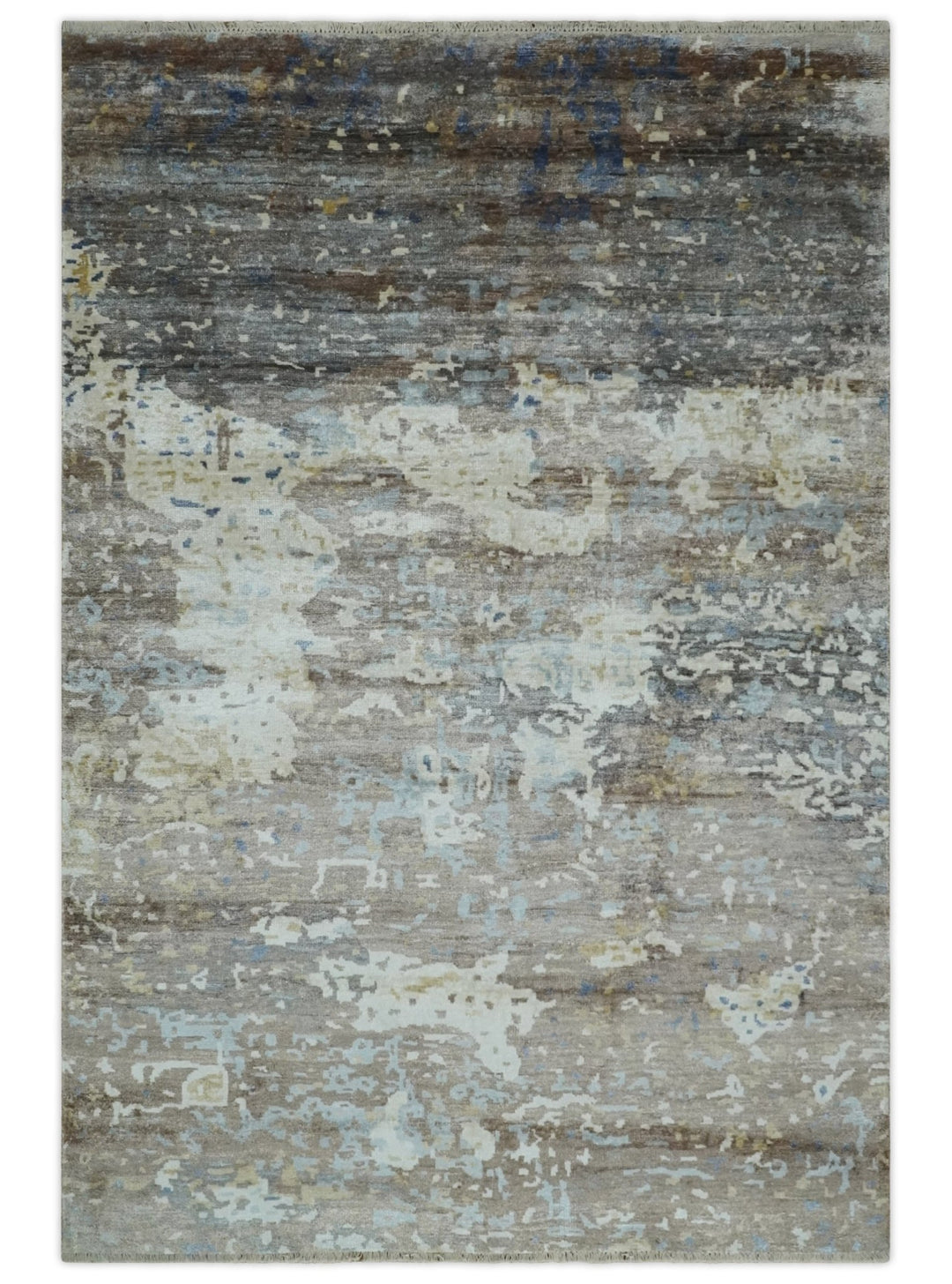 6x9 Ivory, Charcoal and Silver Modern Abstract Hand Knotted Wool Area Rug - The Rug Decor