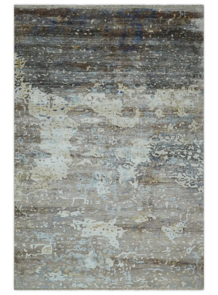 6x9 Ivory, Charcoal and Silver Modern Abstract Hand Knotted Wool Area Rug - The Rug Decor