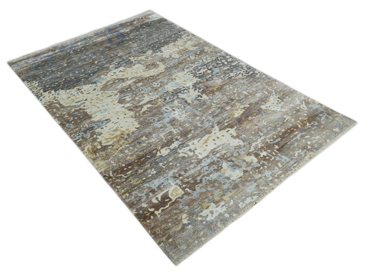 6x9 Ivory, Charcoal and Silver Modern Abstract Hand Knotted Wool Area Rug - The Rug Decor