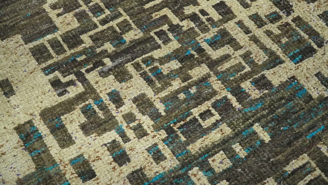 8x10 Hand Knotted Charcoal Beige Modern Abstract Contemporary Recycled Silk Area Rug | OP1