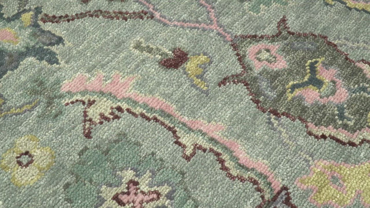 Antique Hand Knotted Green and Pink Traditional Oushak Multi Size Wool Area Rug