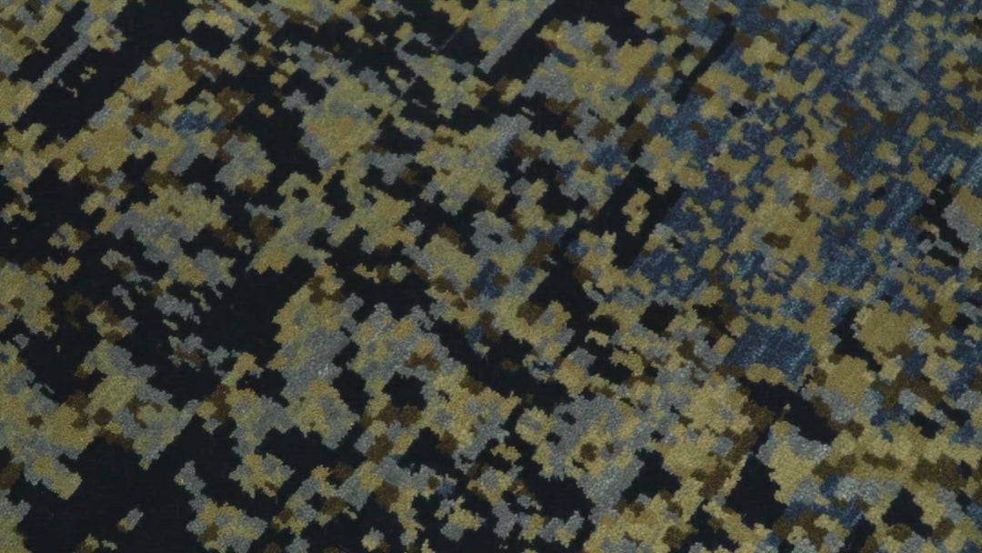 8x10 Fine Hand Knotted Beige, Black and Blue Modern Abstract Style Antique Wool and Silk Area Rug | TRDCP629810