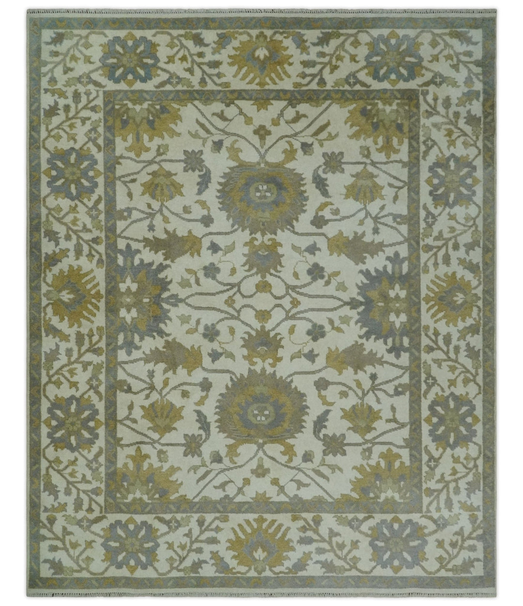 8.6x10 Ivory, Beige and Charcoal Hand Knotted Heriz Serapi Floral Area Rug | TRDCP1186810 - The Rug Decor
