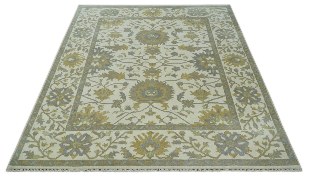 8.6x10 Ivory, Beige and Charcoal Hand Knotted Heriz Serapi Floral Area Rug | TRDCP1186810 - The Rug Decor