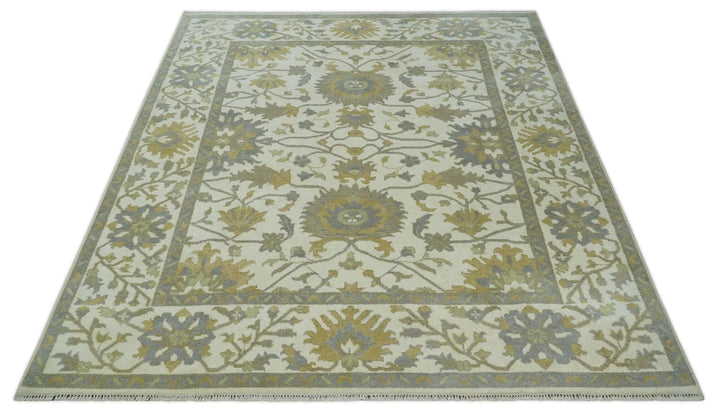 8.6x10 Ivory, Beige and Charcoal Hand Knotted Heriz Serapi Floral Area Rug | TRDCP1186810 - The Rug Decor