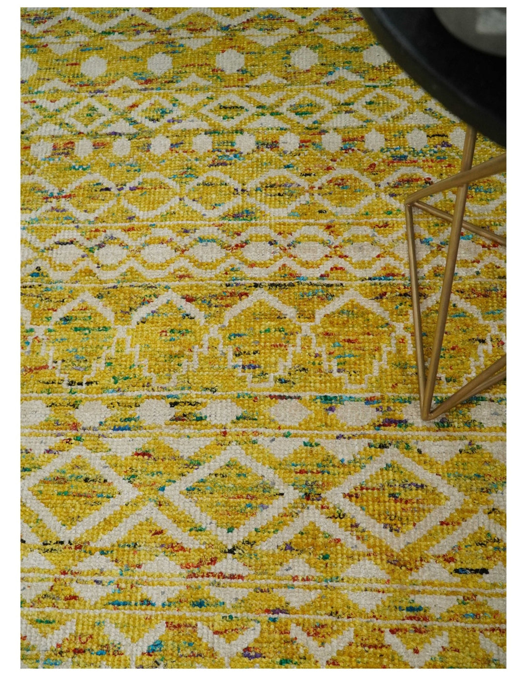 8.7x11.4 Hand Knotted Gold and White Ivory Contemporary Southwestern Tribal Trellis Recycled Silk Area Rug | OP4 - The Rug Decor