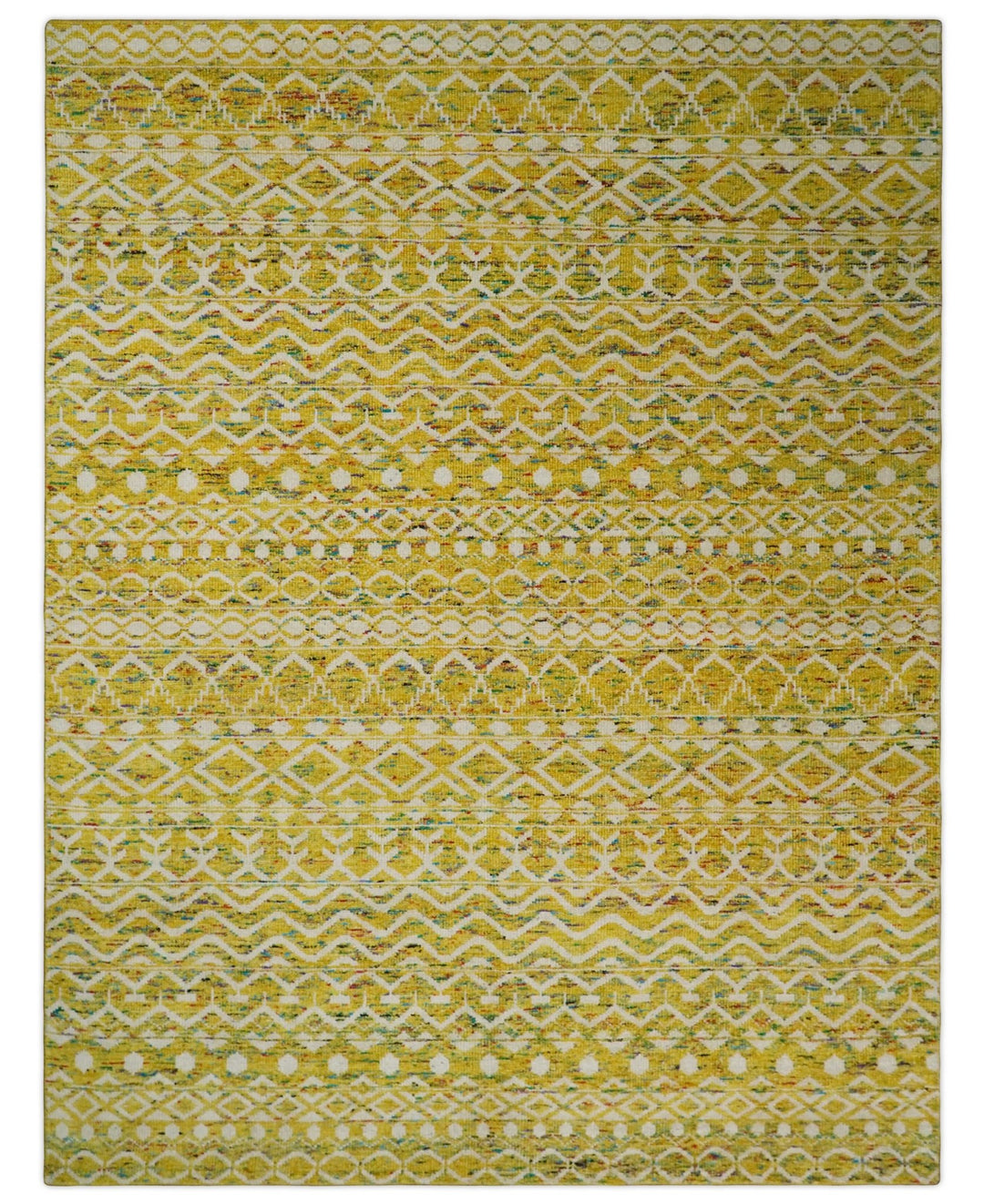 8.7x11.4 Hand Knotted Gold and White Ivory Contemporary Southwestern Tribal Trellis Recycled Silk Area Rug | OP4 - The Rug Decor