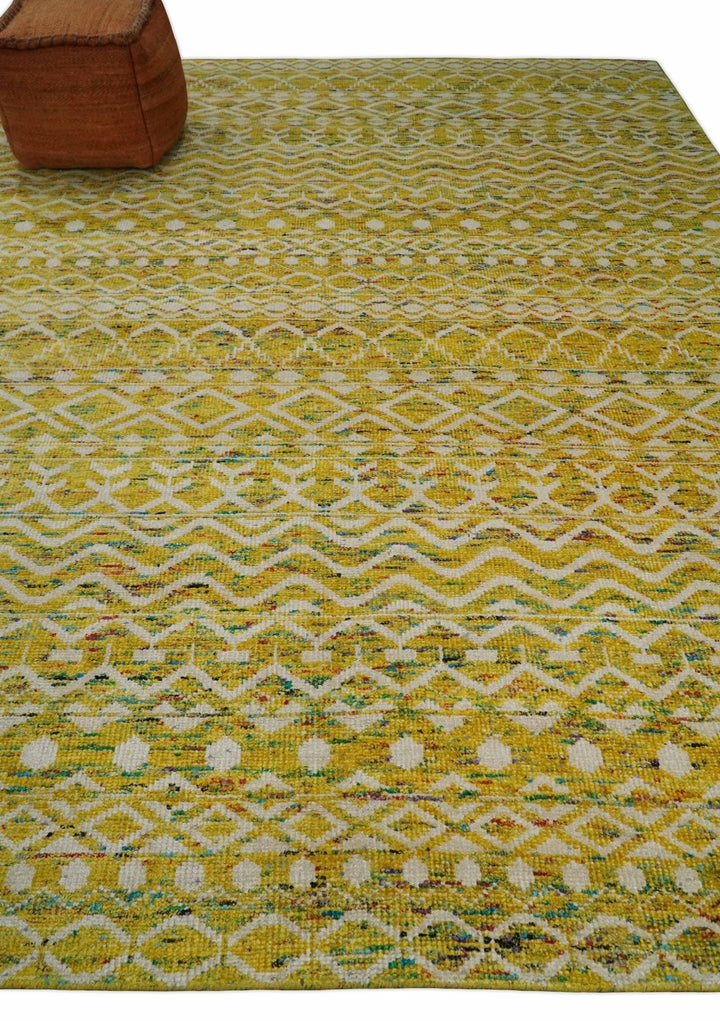 8.7x11.4 Hand Knotted Gold and White Ivory Contemporary Southwestern Tribal Trellis Recycled Silk Area Rug | OP4 - The Rug Decor