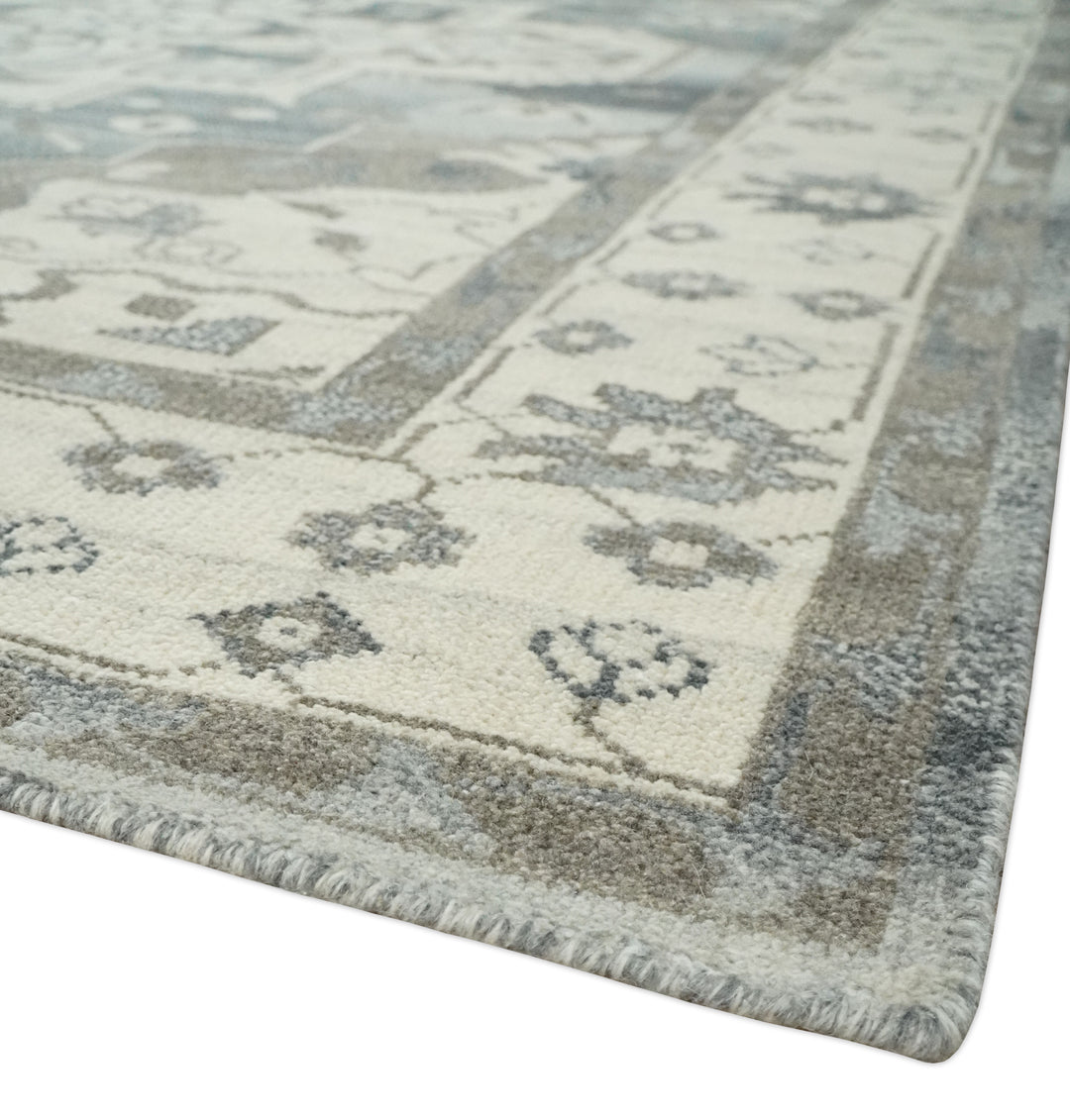 Custom Made Hand Knotted Ivory, Charcoal and Gray Traditional Medallion Natural Wool Area Rug, Kids, Living Room and Bedroom Rug