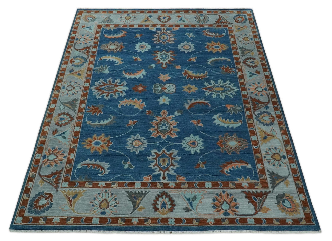8x10, 9x12, 10x14 and 12x15 Blue, Rust and Aqua Hand Knotted Floral Oushak Wool Rug | NT20 - The Rug Decor