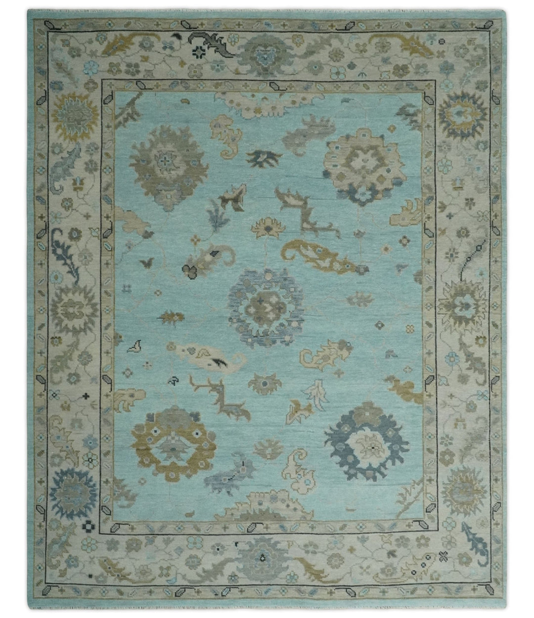 8x10, 9x12, 10x14 and 12x15 Hand Knotted aqua, Beige and Ivory Traditional Persian Oushak Wool Rug | NT21 - The Rug Decor