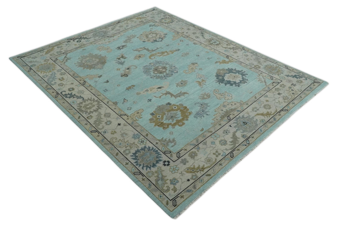 8x10, 9x12, 10x14 and 12x15 Hand Knotted aqua, Beige and Ivory Traditional Persian Oushak Wool Rug | NT21 - The Rug Decor