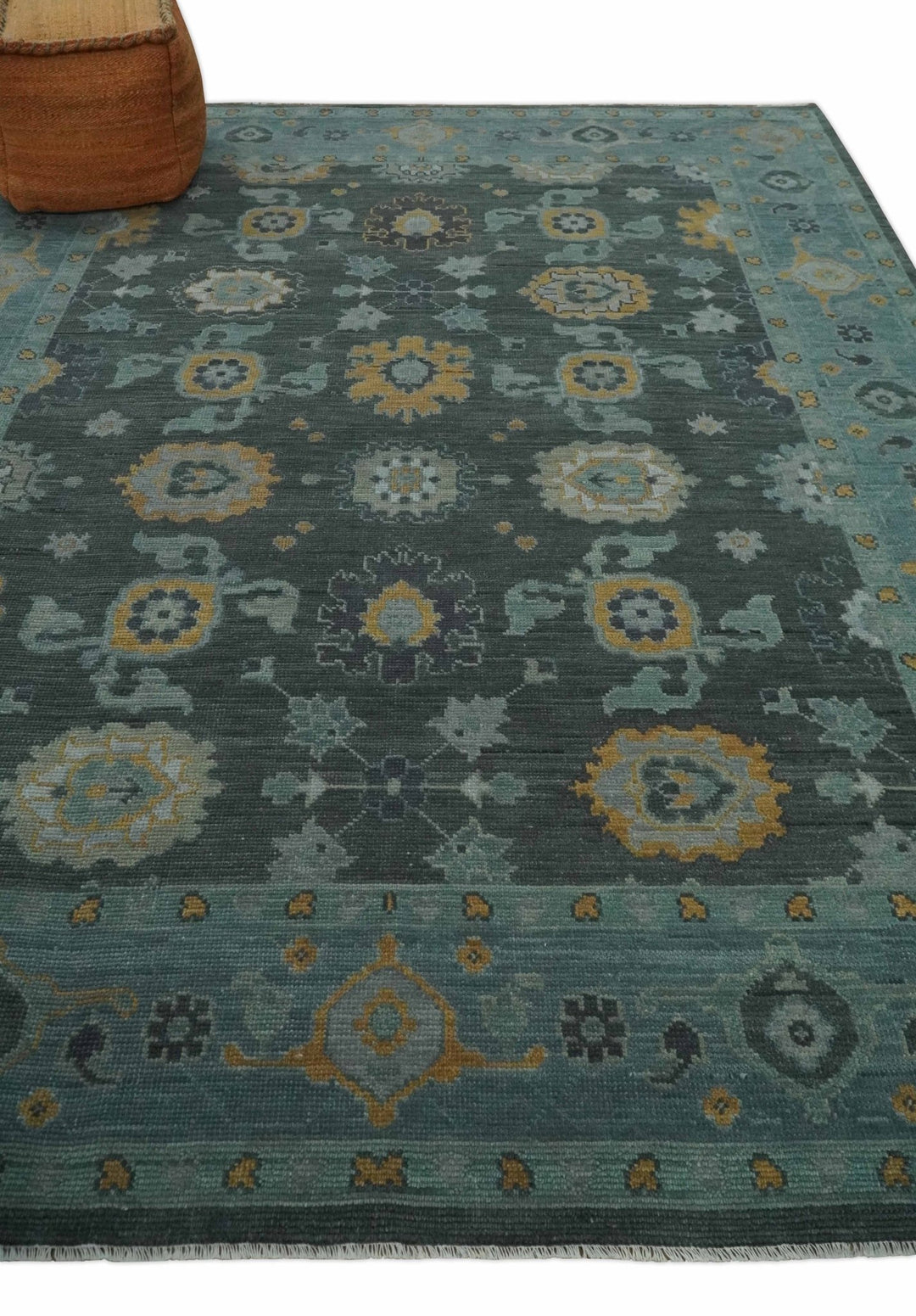 8x10, 9x12, 10x14 and 12x15 Hand Knotted Charcoal and Aqua Traditional Oushak Wool Rug | NT42 - The Rug Decor
