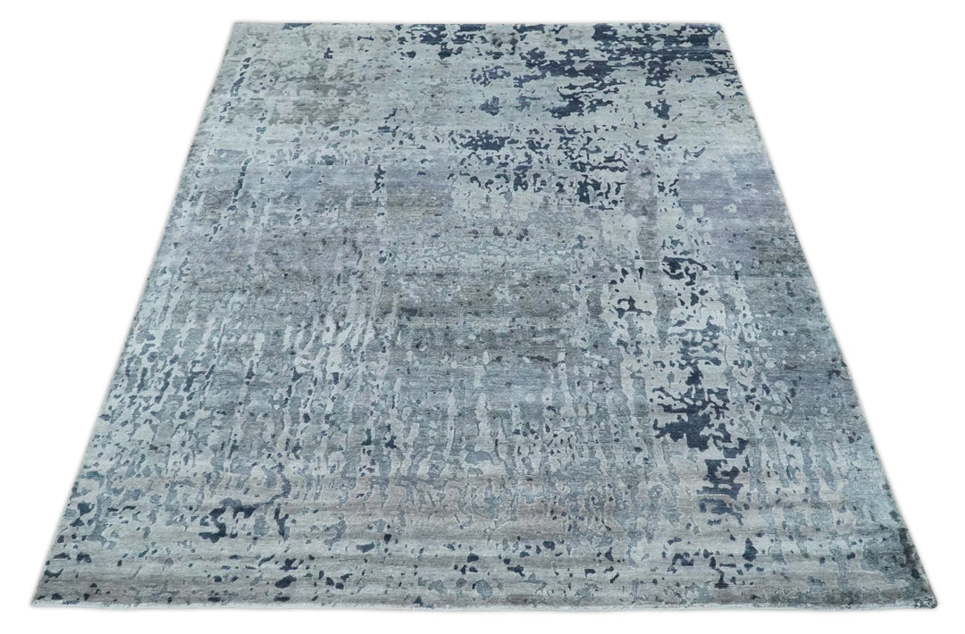 8x10 Abstract Pattern Hand knotted Silver and Blue modern Bamboo Silk Area Rug - The Rug Decor