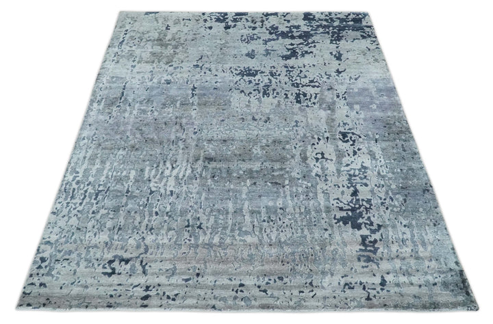 8x10 Abstract Pattern Hand knotted Silver and Blue modern Bamboo Silk Area Rug - The Rug Decor