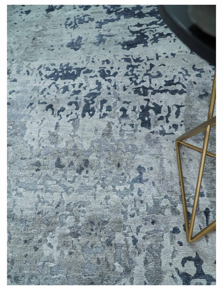 8x10 Abstract Pattern Hand knotted Silver and Blue modern Bamboo Silk Area Rug - The Rug Decor