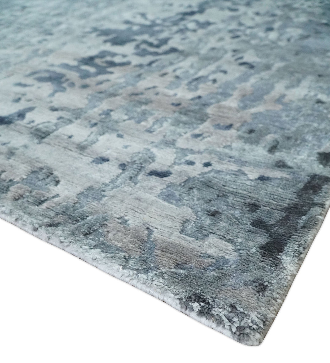 8x10 Abstract Pattern Hand knotted Silver and Blue modern Bamboo Silk Area Rug - The Rug Decor