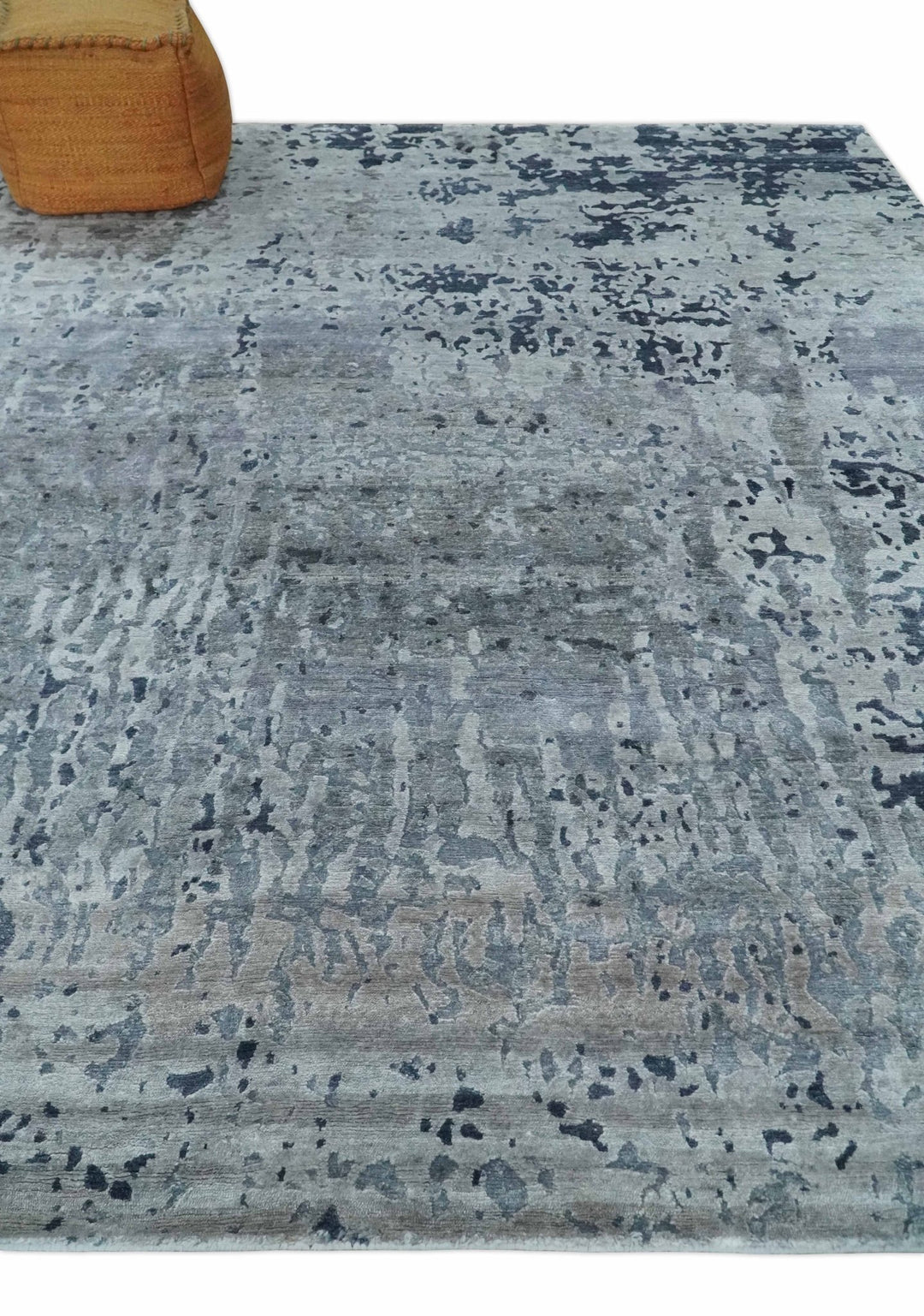 8x10 Abstract Pattern Hand knotted Silver and Blue modern Bamboo Silk Area Rug - The Rug Decor