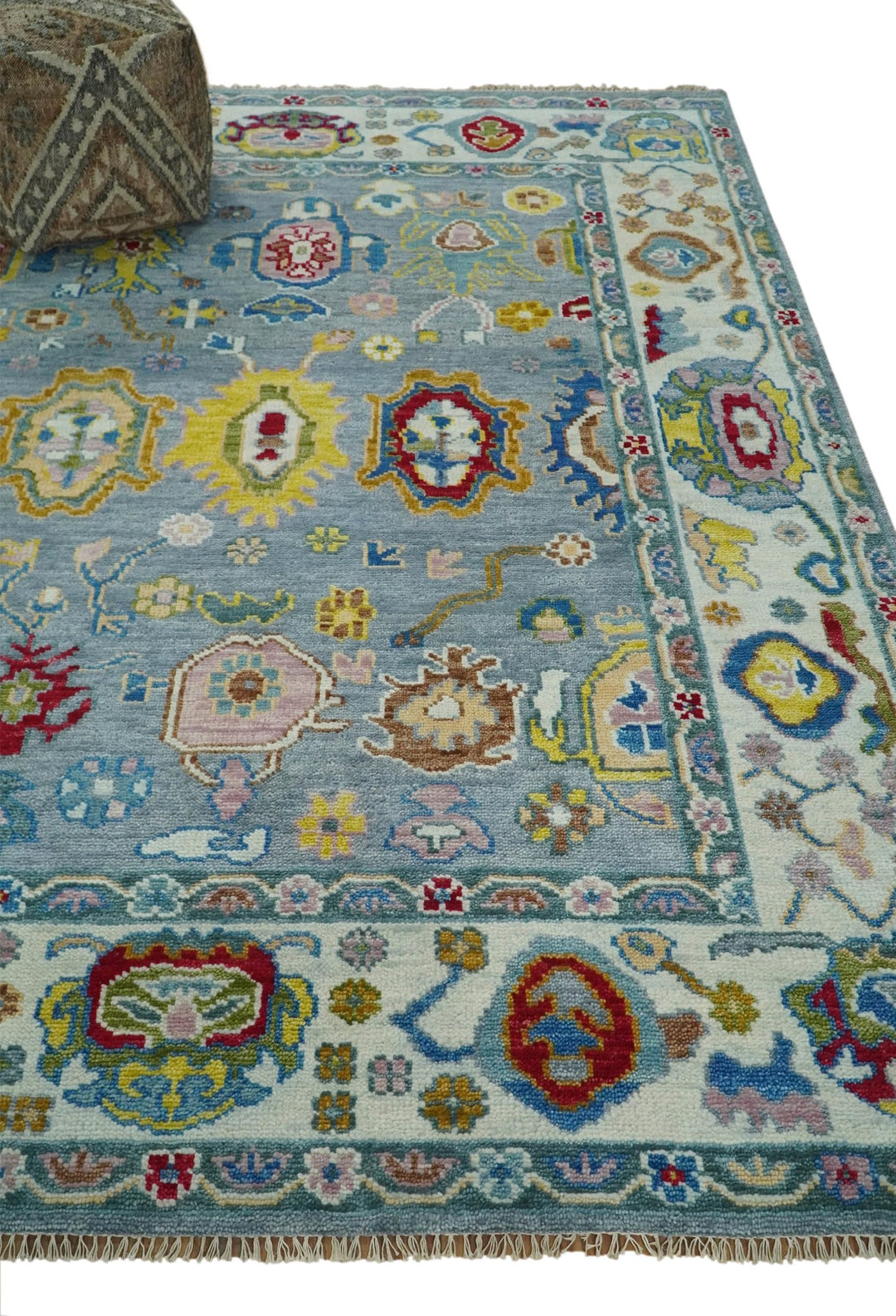 8x10 All Wool Traditional Persian Blue and Ivory Vibrant Colorful Hand knotted Oushak Area Rug | TRDCP162810 - The Rug Decor