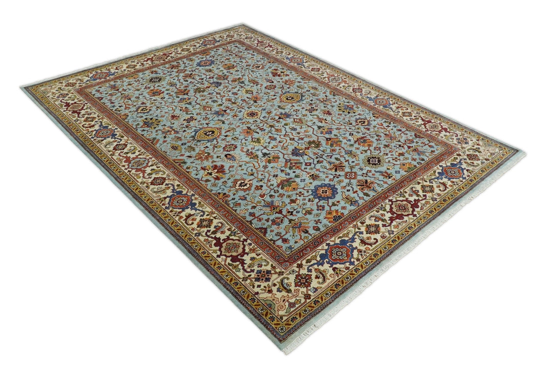 8x10 and 9x12 Fine Hand Knotted Blue and Ivory Traditional Vintage Antique Persian Wool Rug | TRDCP853 - The Rug Decor