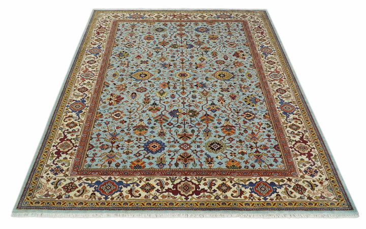 8x10 and 9x12 Fine Hand Knotted Blue and Ivory Traditional Vintage Antique Persian Wool Rug | TRDCP853 - The Rug Decor