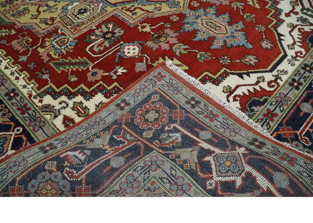 8x10 and 9x12 Hand Knotted Brown, Mustard, Ivory and Blue Traditional Wool Area Rug - The Rug Decor