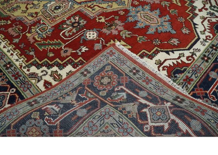 8x10 and 9x12 Hand Knotted Brown, Mustard, Ivory and Blue Traditional Wool Area Rug - The Rug Decor