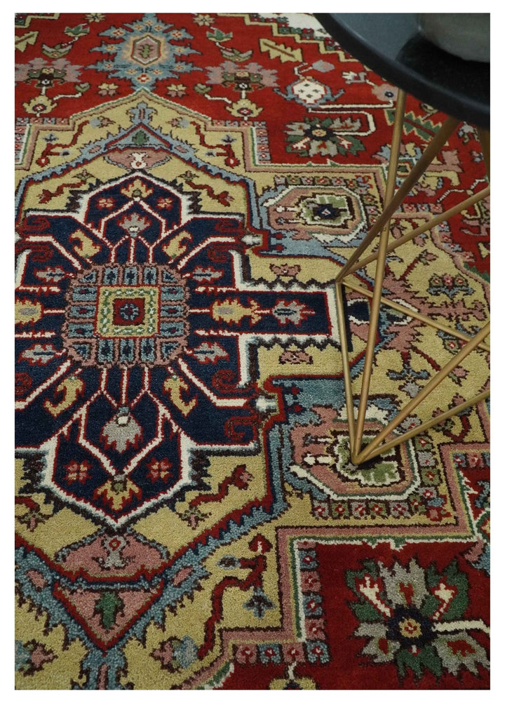 8x10 and 9x12 Hand Knotted Brown, Mustard, Ivory and Blue Traditional Wool Area Rug - The Rug Decor