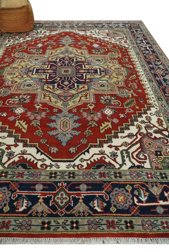 8x10 and 9x12 Hand Knotted Brown, Mustard, Ivory and Blue Traditional Wool Area Rug - The Rug Decor