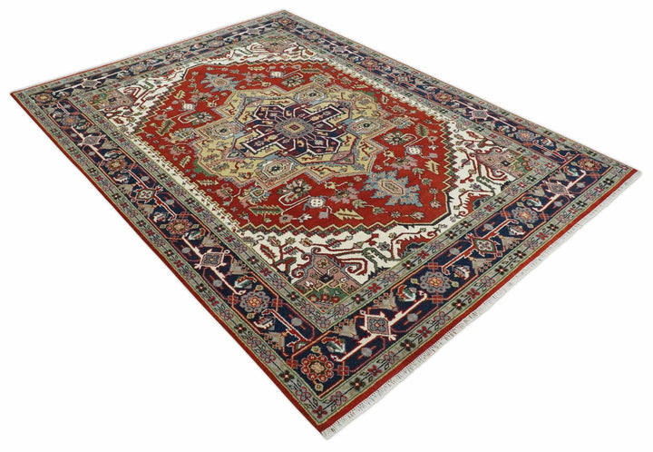 8x10 and 9x12 Hand Knotted Brown, Mustard, Ivory and Blue Traditional Wool Area Rug - The Rug Decor
