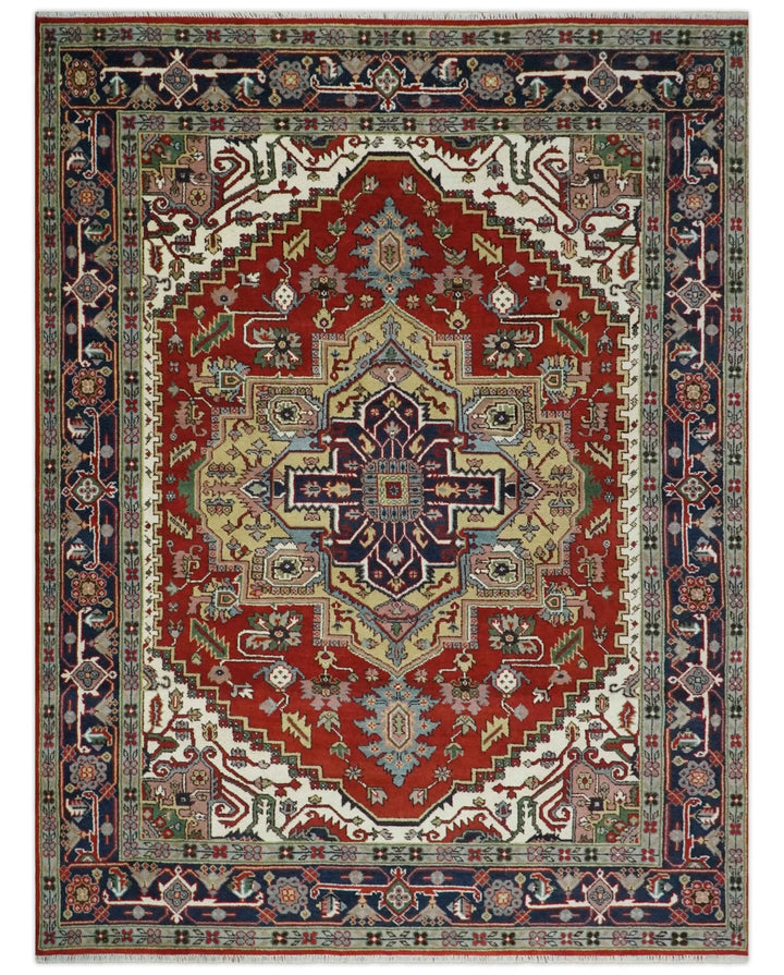 8x10 and 9x12 Hand Knotted Brown, Mustard, Ivory and Blue Traditional Wool Area Rug - The Rug Decor