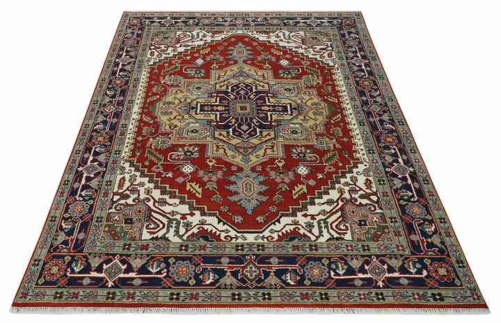 8x10 and 9x12 Hand Knotted Brown, Mustard, Ivory and Blue Traditional Wool Area Rug - The Rug Decor