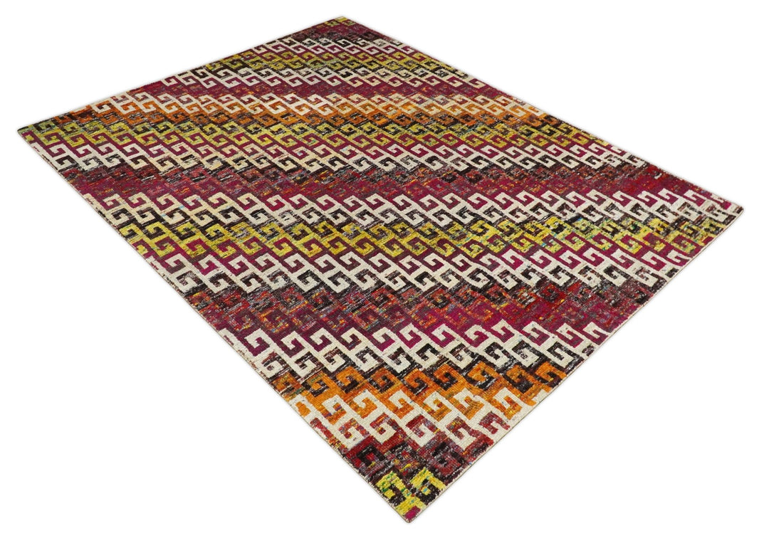 8x10 and 9x12 Hand Knotted Multicolor Modern Contemporary Southwestern Tribal Trellis Recycled Silk Area Rug | OP9 - The Rug Decor