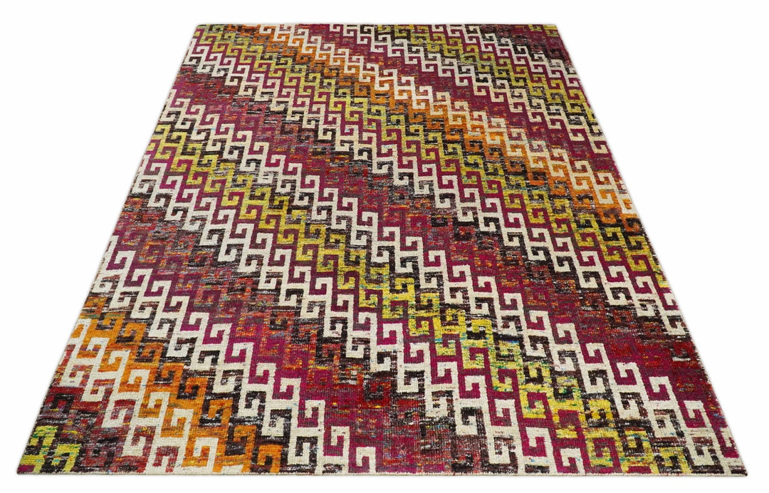 8x10 and 9x12 Hand Knotted Multicolor Modern Contemporary Southwestern Tribal Trellis Recycled Silk Area Rug | OP9 - The Rug Decor