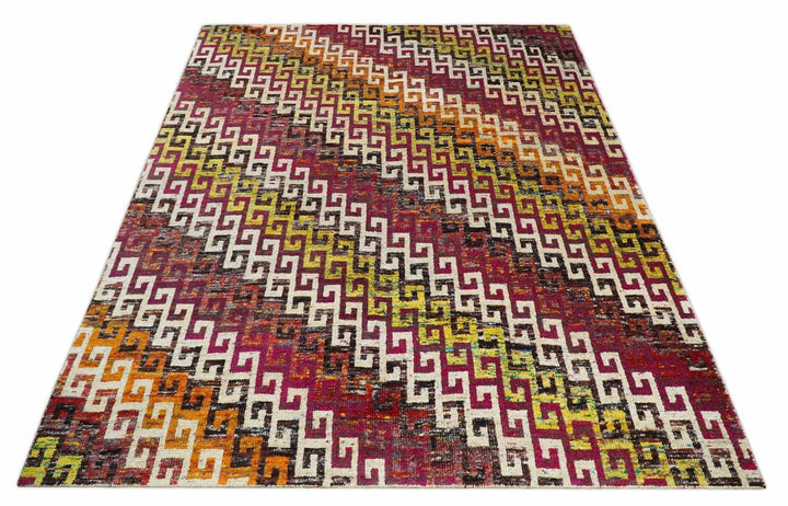 8x10 and 9x12 Hand Knotted Multicolor Modern Contemporary Southwestern Tribal Trellis Recycled Silk Area Rug | OP9 - The Rug Decor