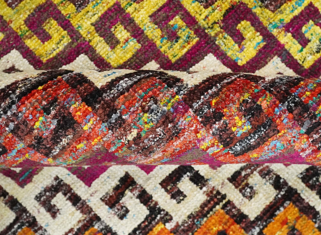 8x10 and 9x12 Hand Knotted Multicolor Modern Contemporary Southwestern Tribal Trellis Recycled Silk Area Rug | OP9 - The Rug Decor