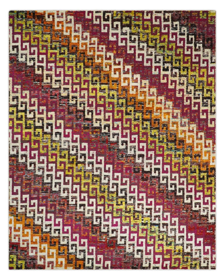 8x10 and 9x12 Hand Knotted Multicolor Modern Contemporary Southwestern Tribal Trellis Recycled Silk Area Rug | OP9 - The Rug Decor